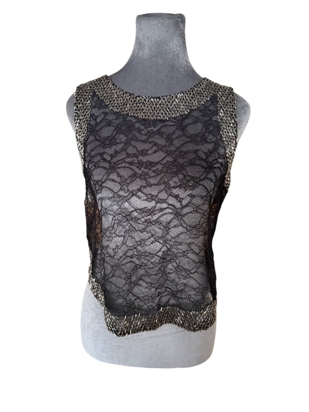 Haute Hippie Black Beaded Lace Sleeveless Top Size S